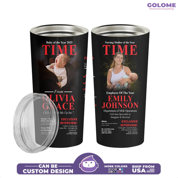 Personalized TIME Magazine Tumbler – Custom Baby & Mom Photo | 20oz Stainless Steel Gift